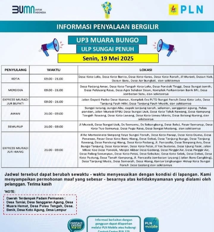 PLN ULP Sungai Penuh Kembali Lakukan Pemadaman Bergilir 19 Mei 2025, Cek Wilayah Anda