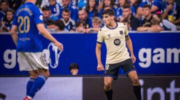 Pemain Barcelona Gerrard Martib (kanan) dibayangi pemain Oviedo Leander Dendoncker dalam lanjutan La Liga di Stadion Carlos Tartiere, Jumat (26/9/2025) dini hari WIB (Foto: Instagram @fcbarcelona)