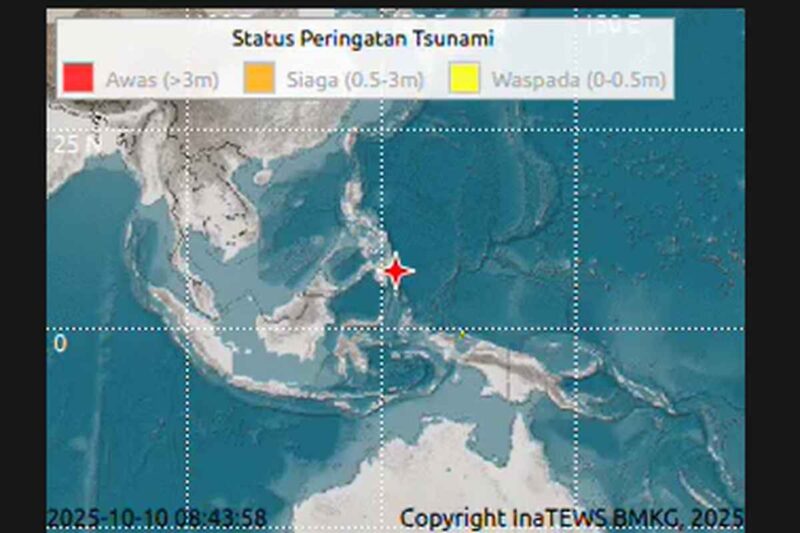 Peringatan dini tsunami yang terjadi di Laut Filipina, Kepulauan Talaud, Sulawesi Utara akibat dampak gempa M 7,6 pada Jumat (10/10/2025) pukul 08.49 WIB.(Foto: BMKG)