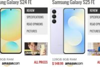 Samsung Galaxy S25 FE (kanan) membawa sejumlah penyempurnaan desain dan fitur penting dibandingkan pendahulunya, Galaxy S24 FE (kiri). (Sumber: GSMArena)