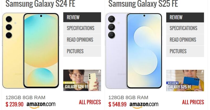 Samsung Galaxy S25 FE (kanan) membawa sejumlah penyempurnaan desain dan fitur penting dibandingkan pendahulunya, Galaxy S24 FE (kiri). (Sumber: GSMArena)