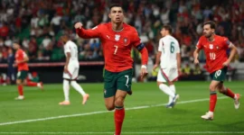 Selebrasi pemain Timnas Portugal Cristiano Ronaldo usai mencetak gol ke gawang Timnas Hongaria pada pertandingan Grup F Kualifikasi Piala Dunia 2026 Zona Eropa di Estadio Jose Alvalade, Lisbon, Portugal, Selasa (14/10/2025). Foto: Pedro Nunes/REUTERS
