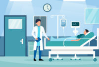 Inpatient department with doctor and patient characters . Hospital scene . Flat design . Vector .