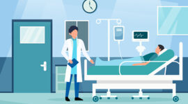 Inpatient department with doctor and patient characters . Hospital scene . Flat design . Vector .