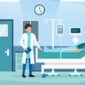 Inpatient department with doctor and patient characters . Hospital scene . Flat design . Vector .