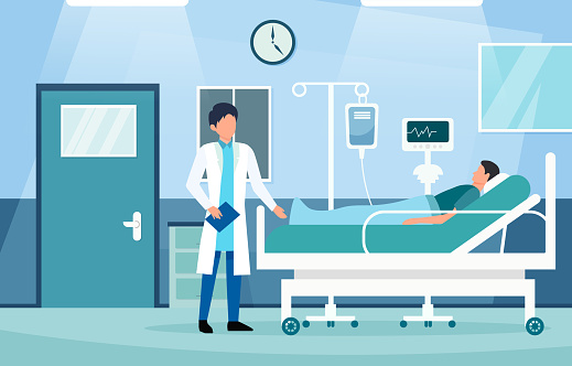 Inpatient department with doctor and patient characters . Hospital scene . Flat design . Vector .