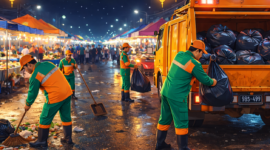 Ilustrasi, Pembersihan pasar Ramadan di malam hari. 