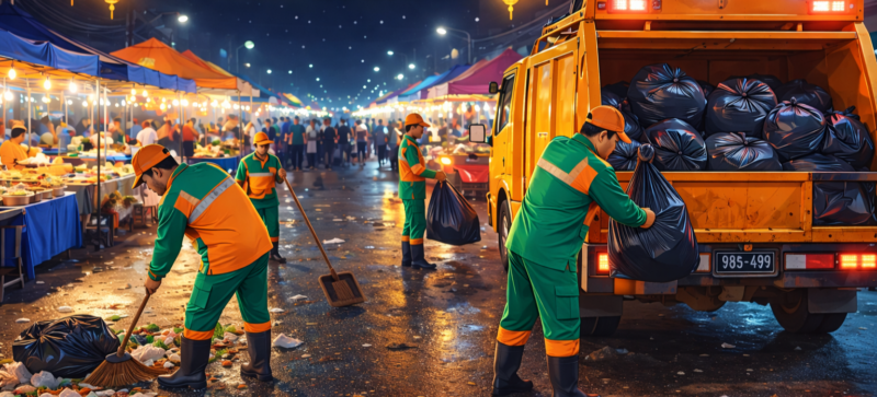 Ilustrasi, Pembersihan pasar Ramadan di malam hari. 