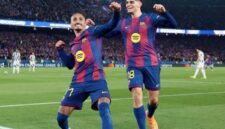 Penyerang Barcelona Raphinha (kiri) merayakan keberhasilannya mencetak gol ke gawang Newcastle pada pertandingan leg kedua babak 16 besar Liga Champions di Stadion Camp Nou, Barcelona, Rabu (18/3/2026) waktu setempat. (Antara/uefa.com)