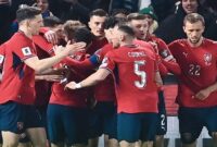 Para pemain timnas Rep Ceko melakukan selebrasi usai mencetak gol ke gawang timnas Denmark. 